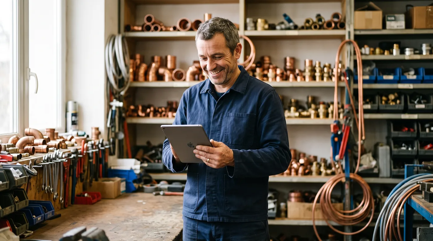 Un artisan plombier souriant consulte sa fiche sur une tablette dans son atelier