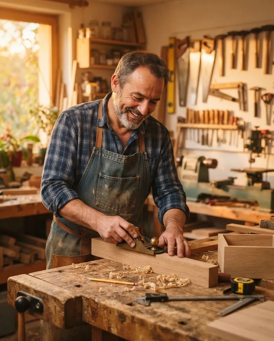 Artisan menuisier souriant en train de raboter une pièce de bois dans son atelier