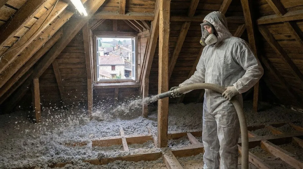 Technicien en combinaison de protection soufflant de la ouate de cellulose dans des combles perdus