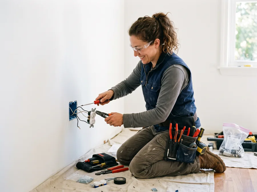 Un artisan casqué sur un chantier de rénovation, outils à la ceinture, devant un mur en cours de travaux